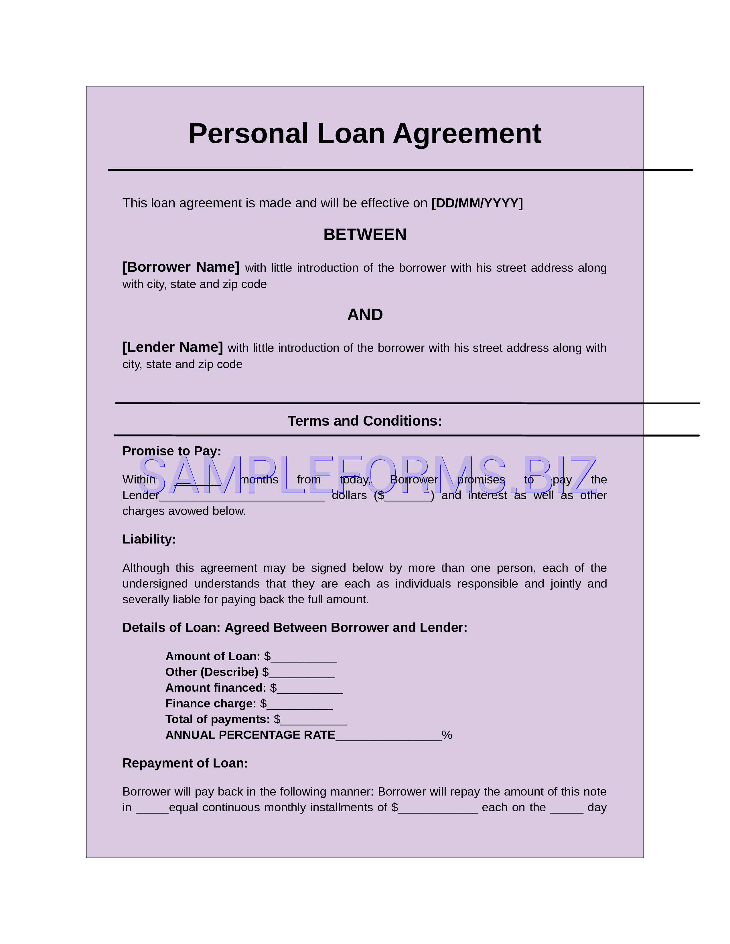 Preview free downloadable Personal Loan Agreement Form 2 in PDF (page 1)